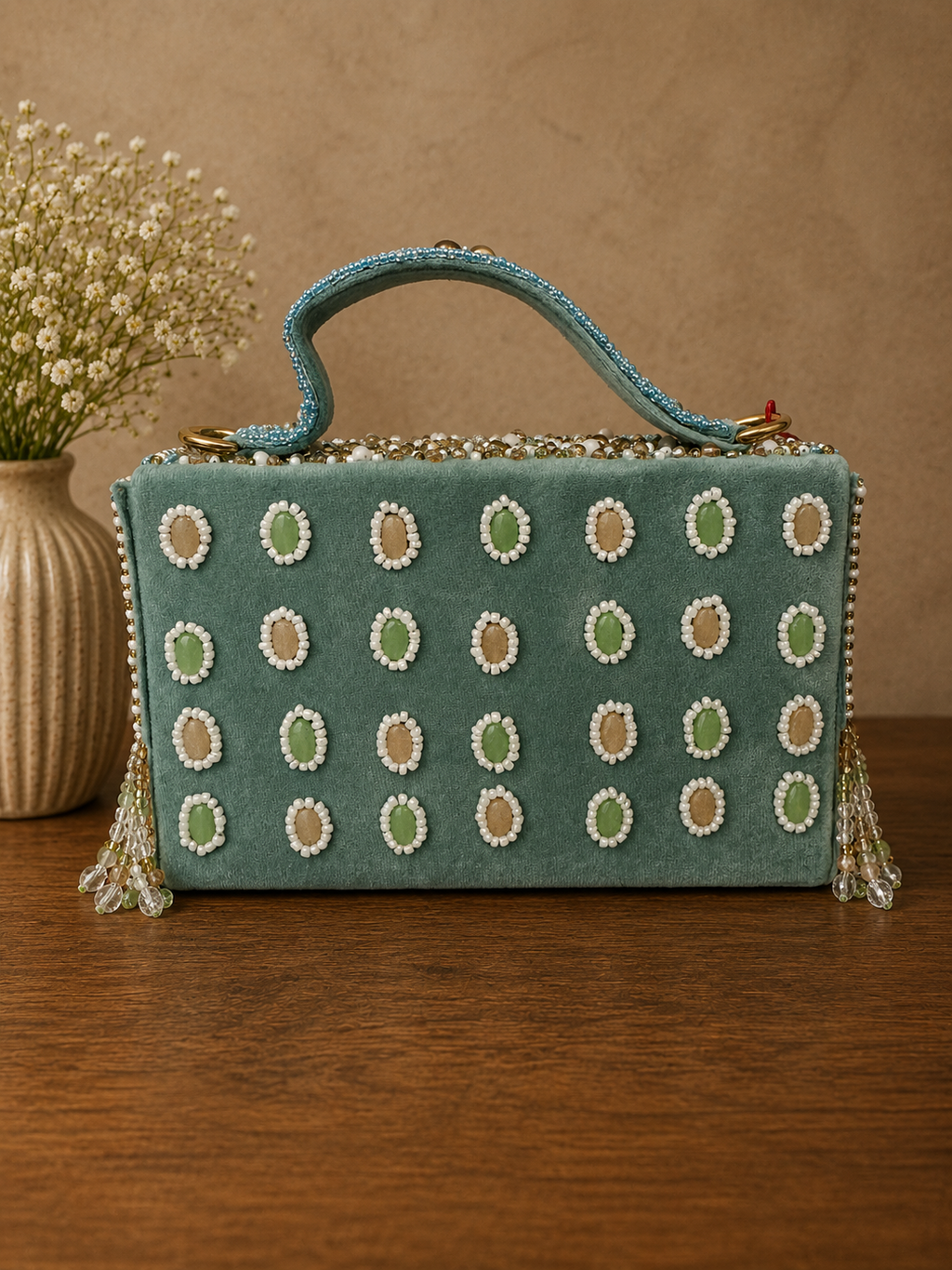 Handcrafted Tropical Sky Blue & Crystal Embellished Bridal Clutch Bag 🪞💚
