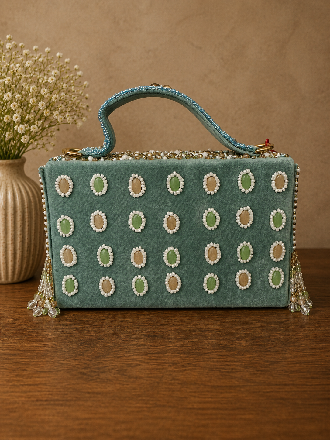 Handcrafted Tropical Sky Blue & Crystal Embellished Bridal Clutch Bag 🪞💚