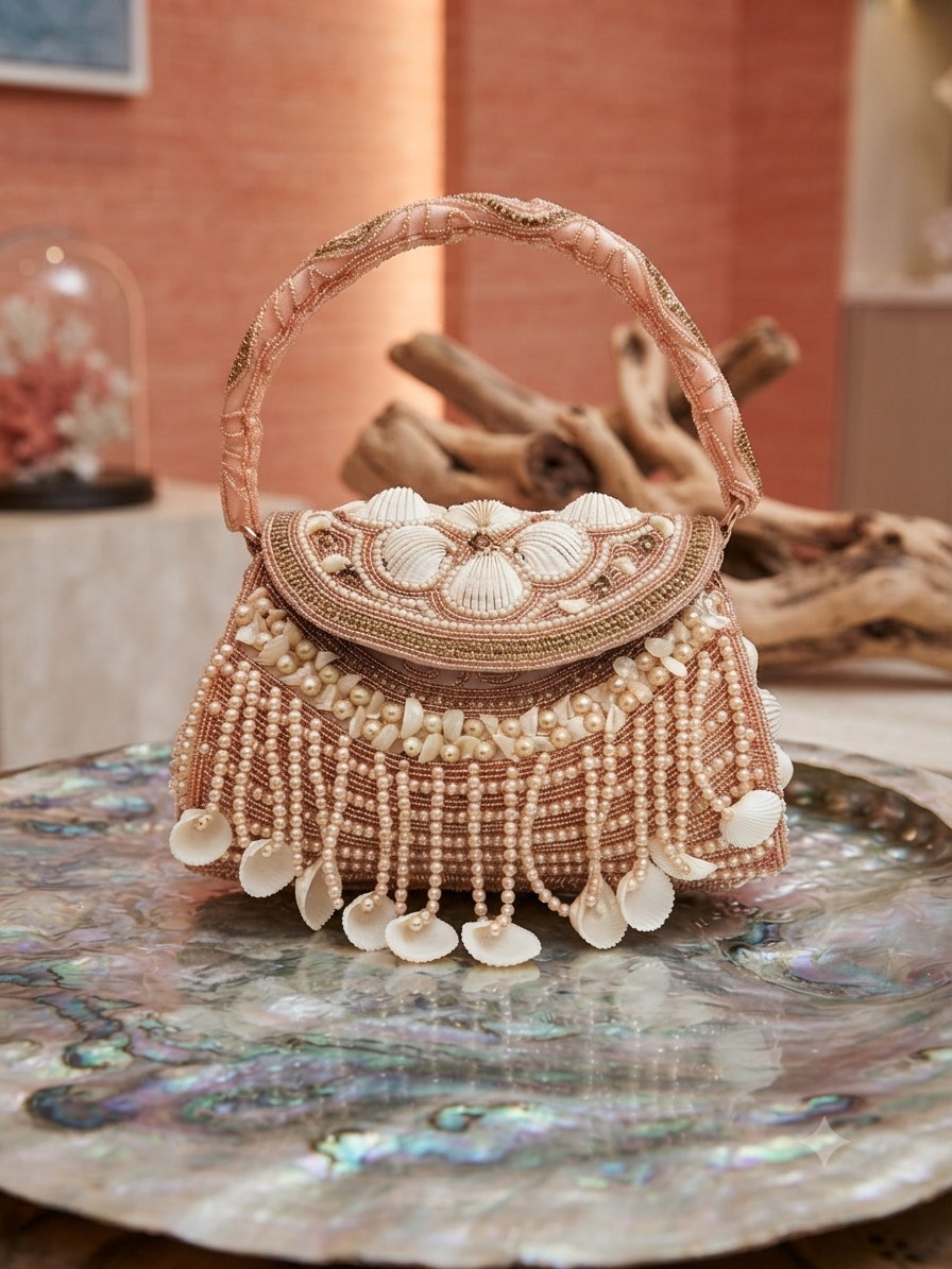 Handcrafted Golden Seashell & Pearl Embellished Flap Bag