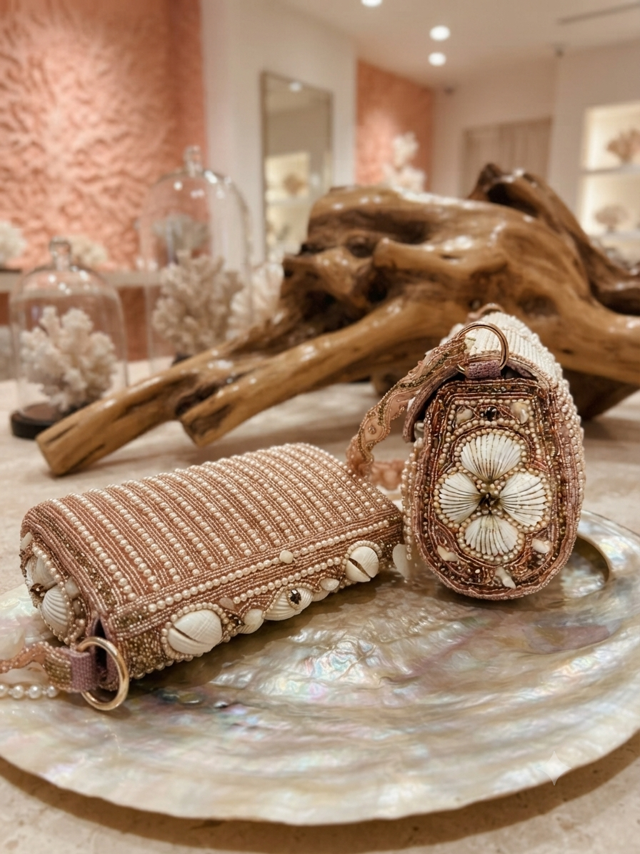 Handcrafted Golden Seashell & Pearl Embellished Flap Bag