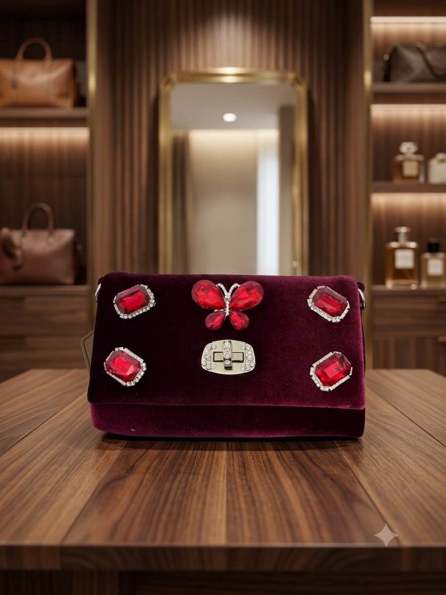 Glamorous Red Crystal Butterfly Velvet Clutch Bag