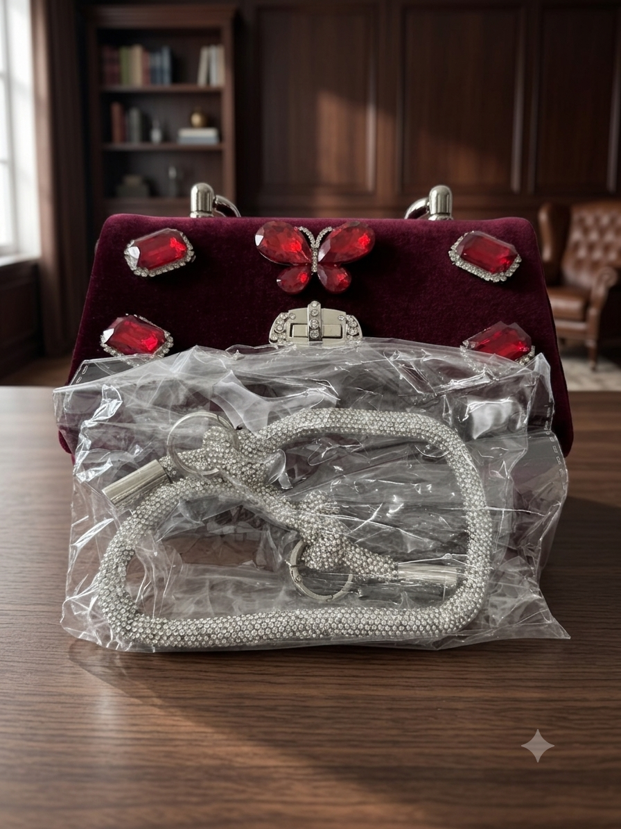 Glamorous Red Crystal Butterfly Velvet Clutch Bag