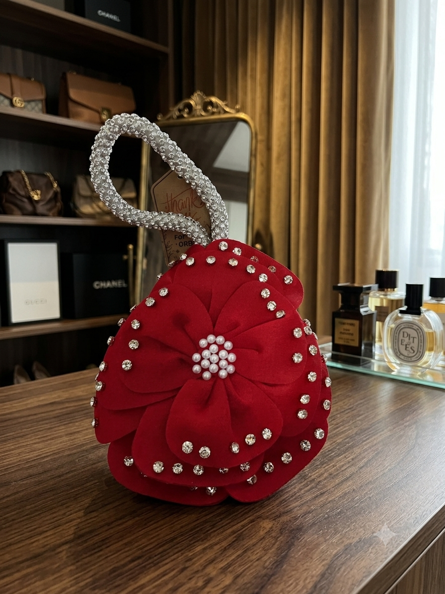 Handcrafted Red 3D Flower Potli Bag with Pearl & Rhinestone Detailing