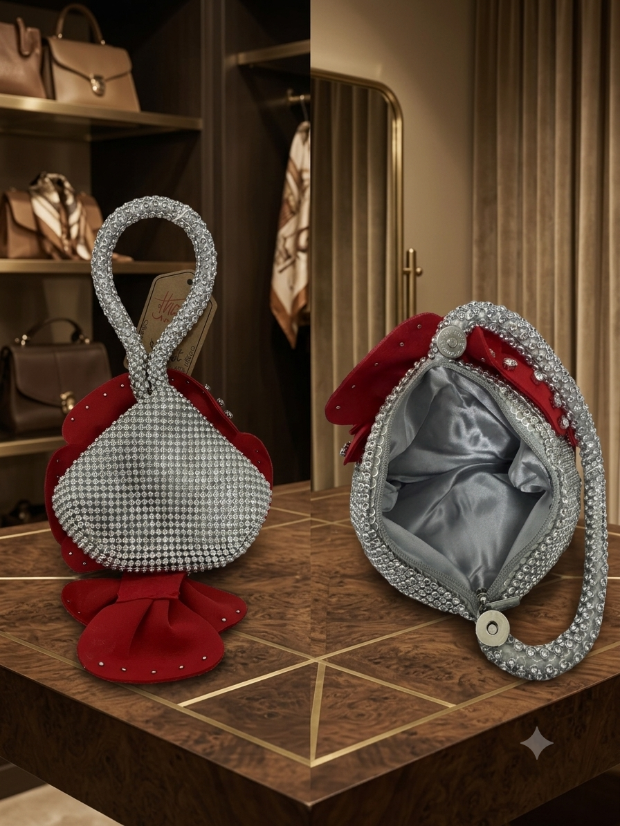 Handcrafted Red 3D Flower Potli Bag with Pearl & Rhinestone Detailing