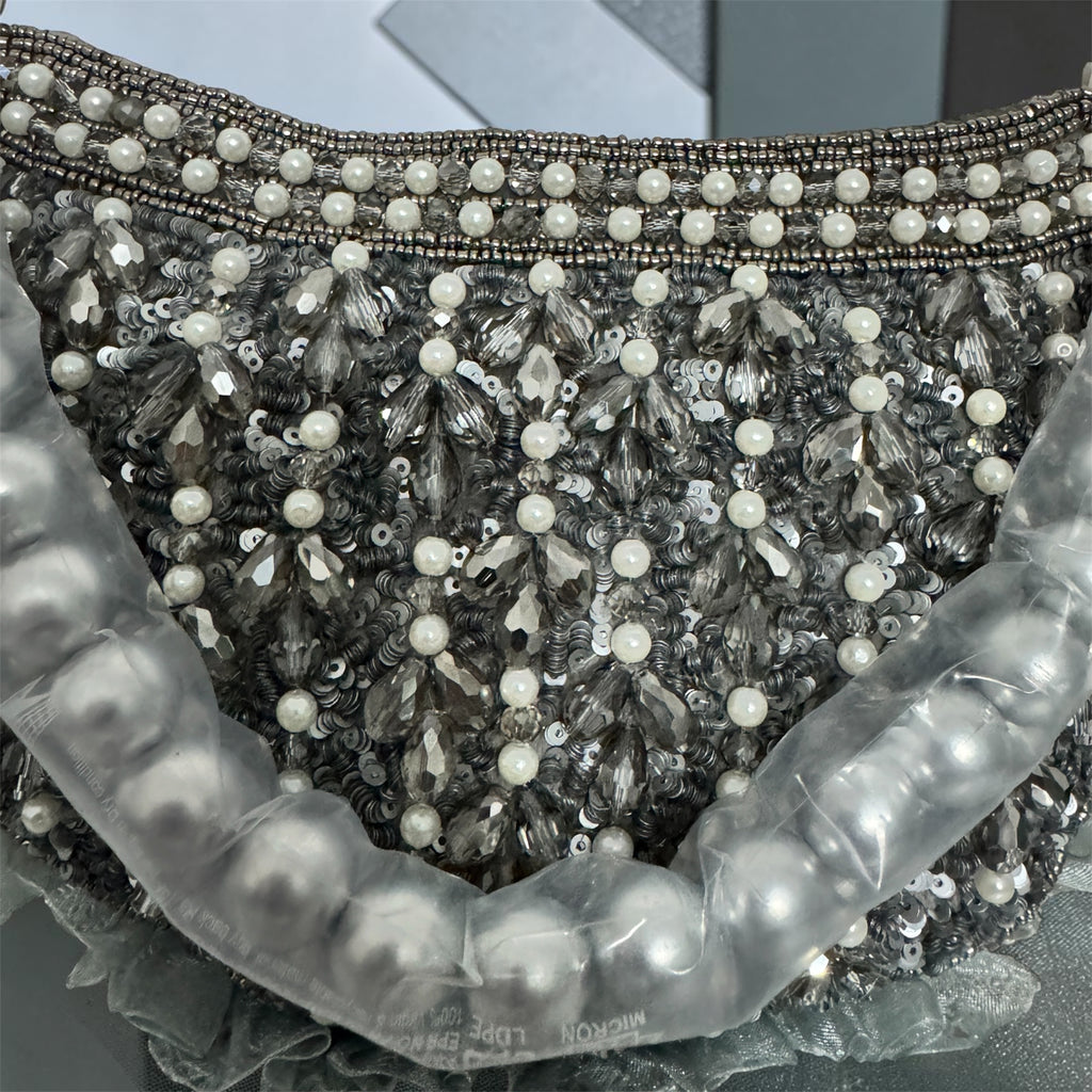 Handcrafted Charcoal Pearl Embellished Crescent Bag