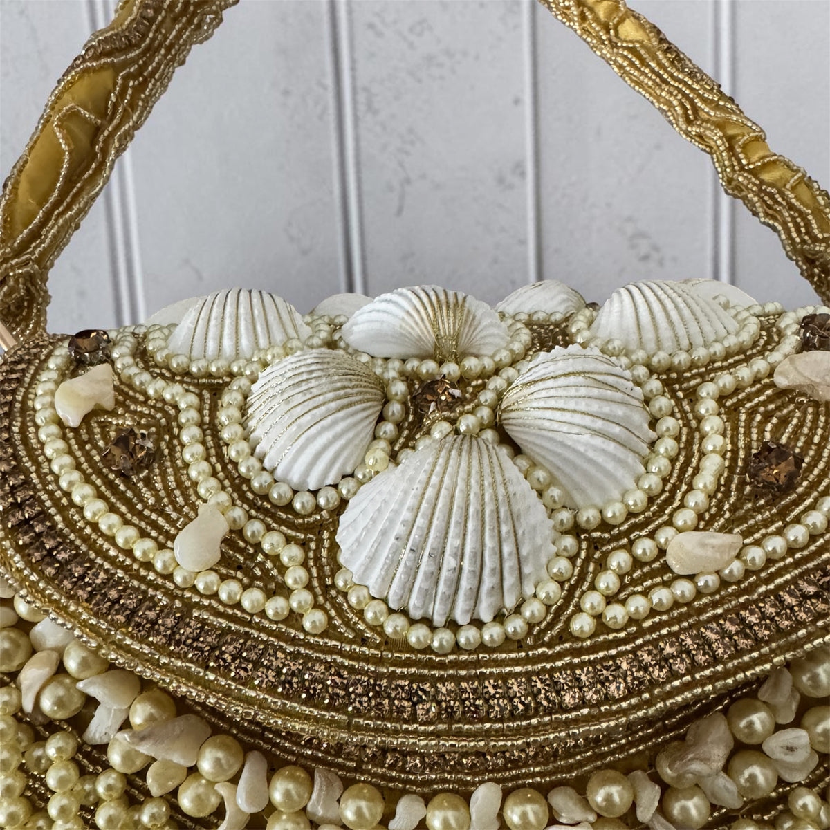 Handcrafted Golden Seashell & Pearl Embellished Flap Bag
