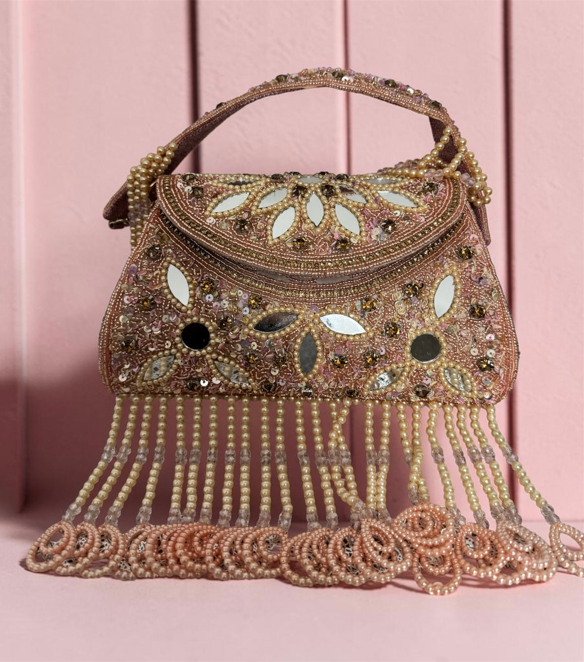 Handcrafted Silver Mirror & Pearl Crescent Bridal Bag