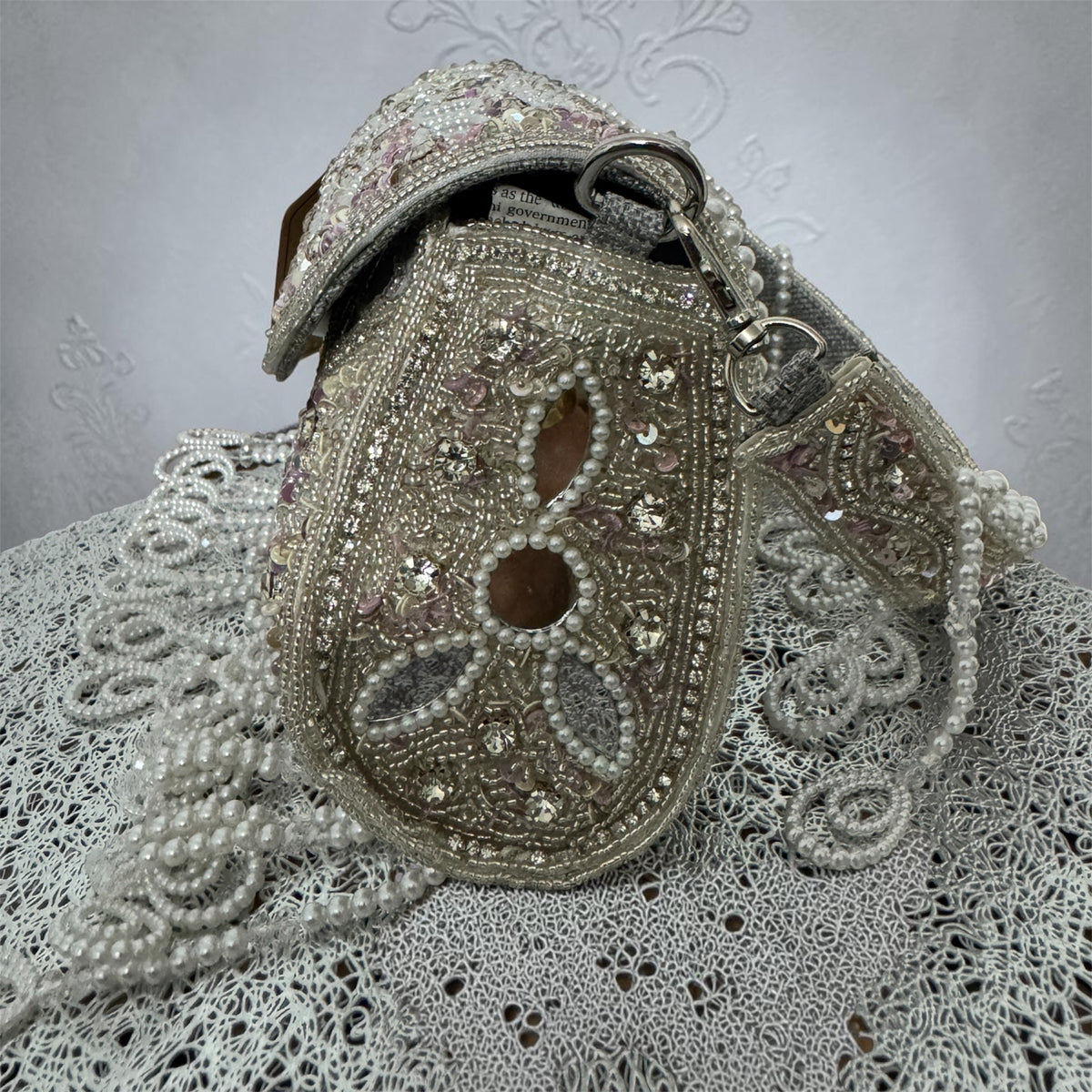 Handcrafted Silver Mirror & Pearl Crescent Bridal Bag